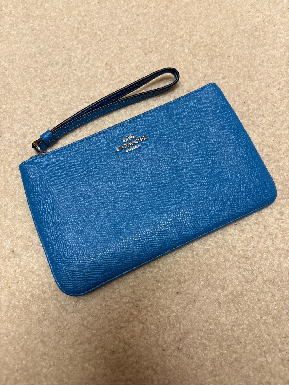 Coach Bright Blue Leather Wristlet with Silver Logo